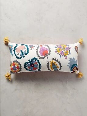 NWOT Anthropologie Jovana Embroidered Floral Accent Throw Pillow Paisley Tassels